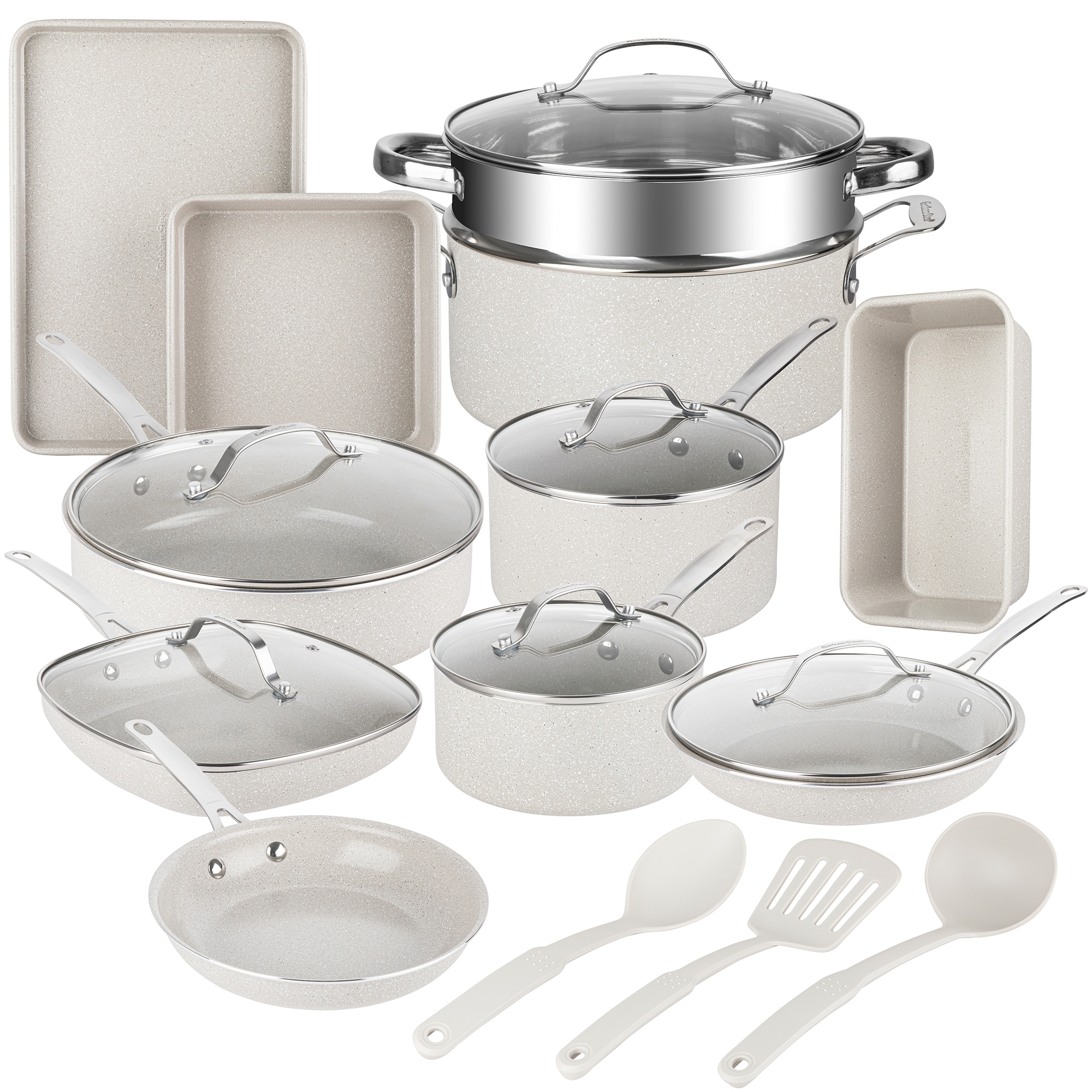 Granitestone Ceraluxe 20 Pc Ceramic Cookware Set Nonstick- Complete Pots and Pans Set Non Stick for Kitchen with Bakeware- Utensils + Steamer- Non Toxic Made Without PFOA PFOS- Oven + Dishwasher Safe- Beige